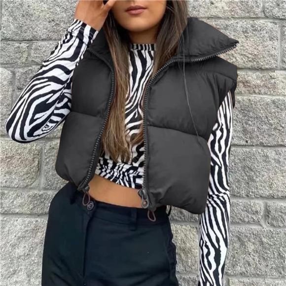 Women's Winter Crop Vest Puffer Lightweight Stand Collar Padded Vest Zip Up - Picture 3 of 6